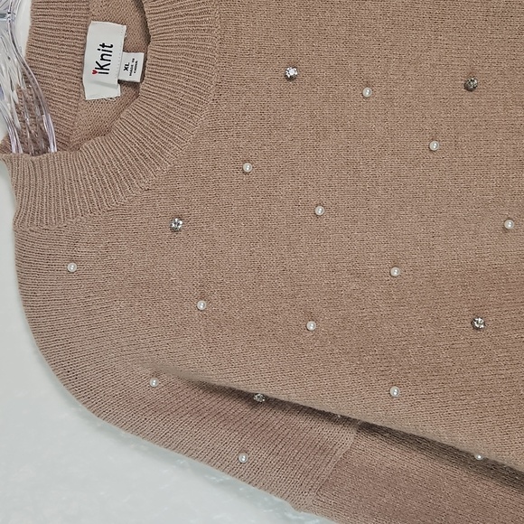 iKnit Pearl Embellished Tan Sweater (XL) Cozy Chic Pullover - Picture 4 of 11